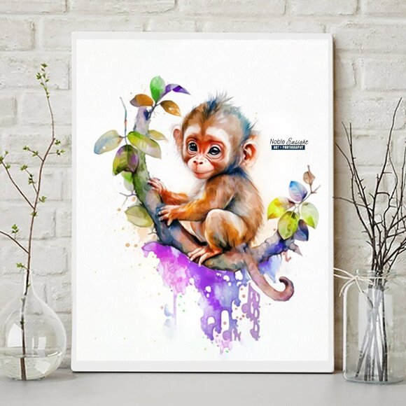 11x14 Monkey Chimpanzee Watercolor Nursery Room Wall Art Oil Painting Print‎ - Picture 1 of 8